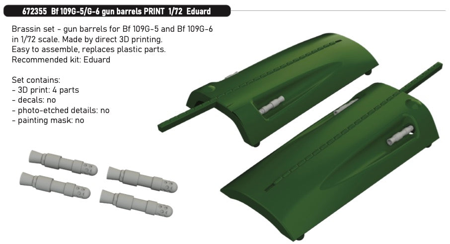 Messerschmitt Bf-109G-5/Bf-109G-6 gun barrels (3D-Printed) 1/72 (designed to be used with Eduard kits)