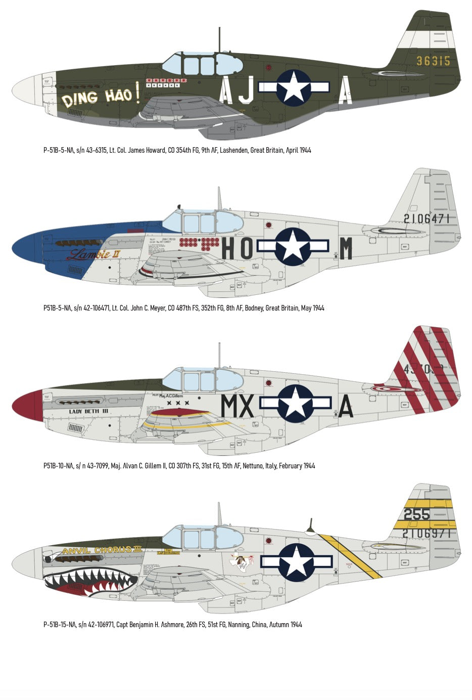 Four different models of fighter planes with various markings on a white background
