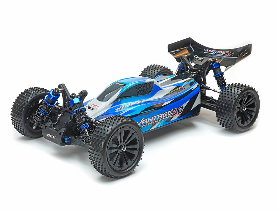 Blue and black remote control car on a white background