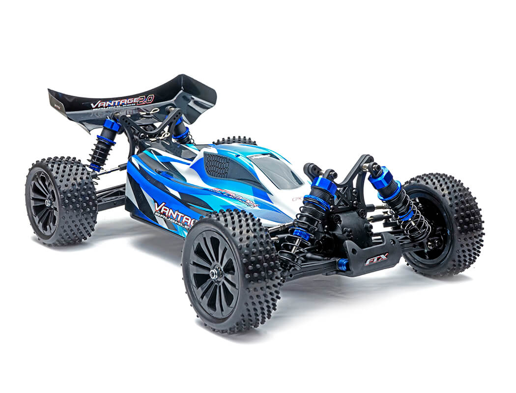 Blue and black remote control car on a white background