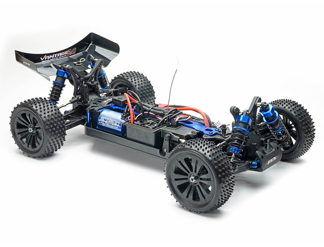 Remote control car chassis with visible branding on a white background