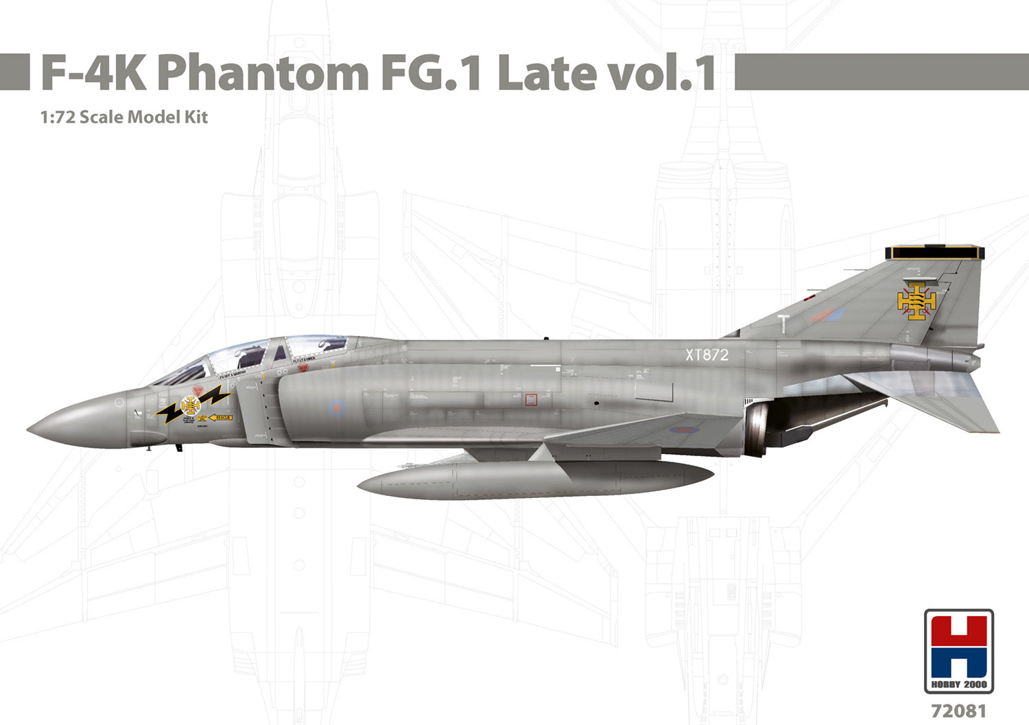 Model kit of F-4K Phantom FG.1 Late vol.1 on a white background with HobbyBoss logo.
