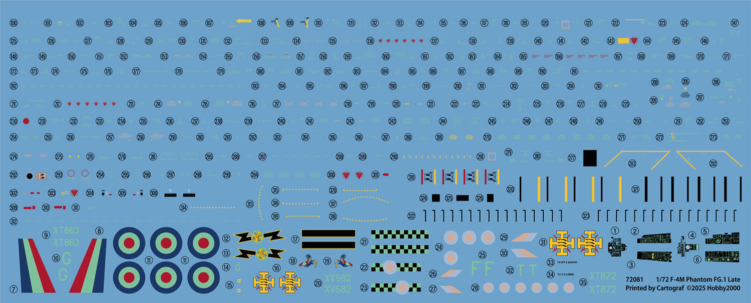 Collection of model airplane parts and decals on a blue background