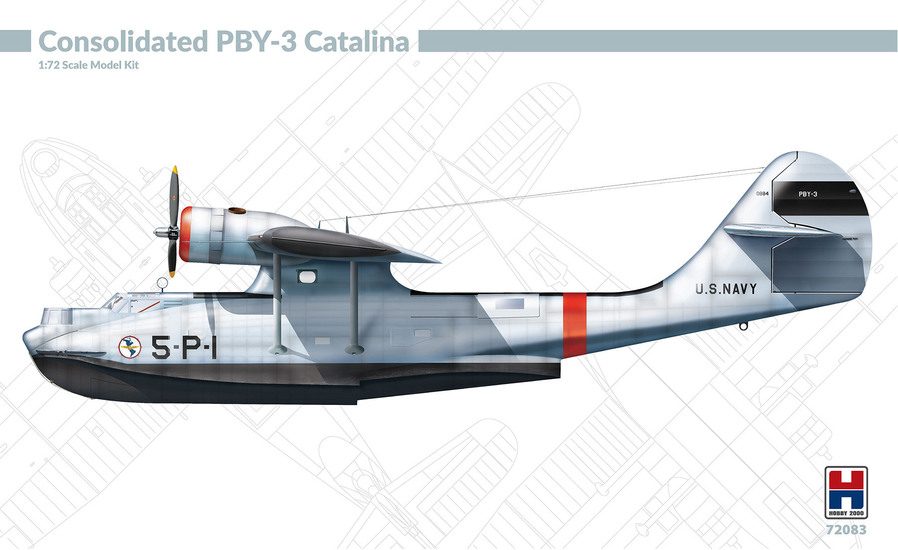 Model kit of a Consolidated PBY-3 Catalina airplane on a white background with a logo in the corner.