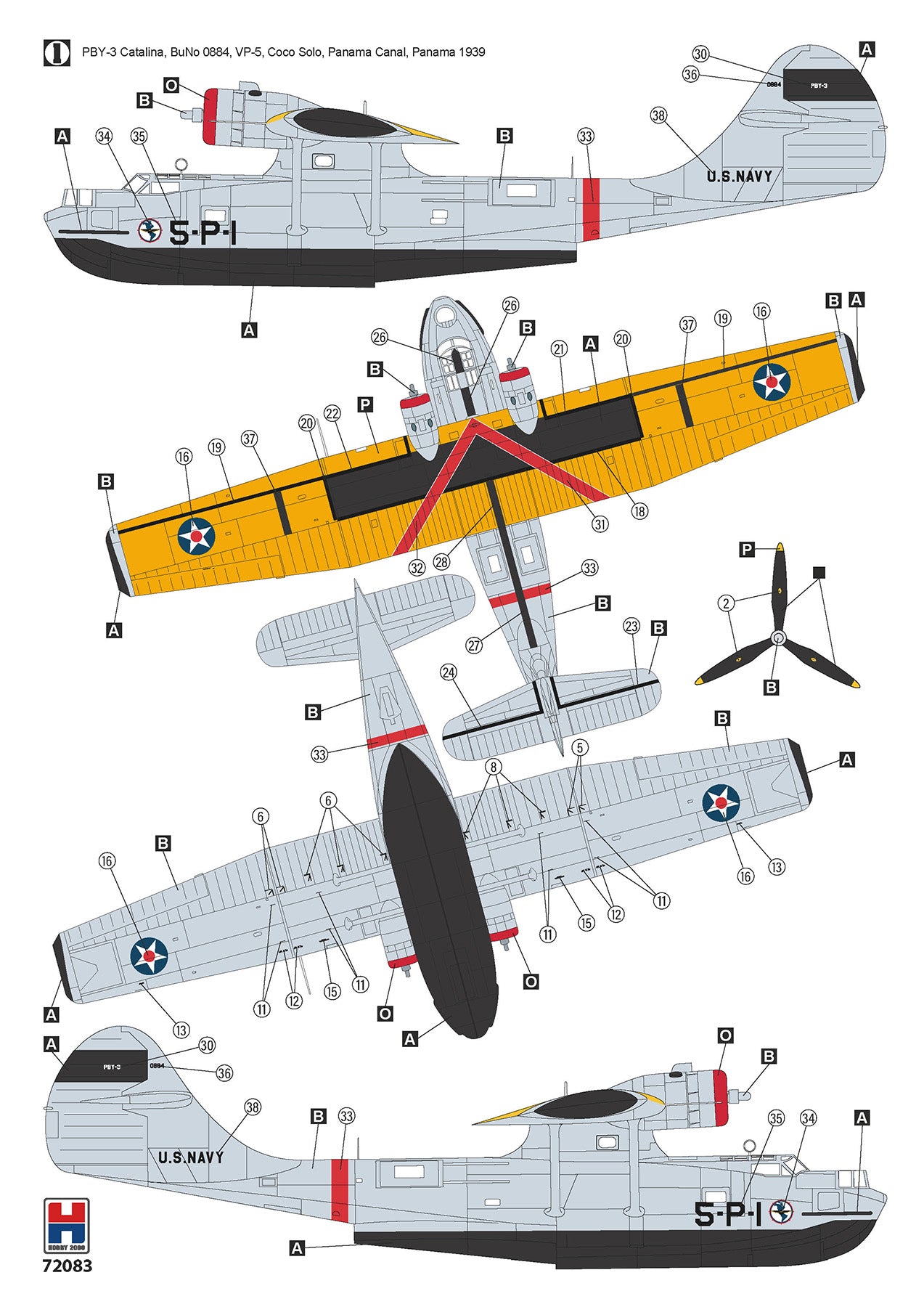 Decal sheet for a model airplane with various parts labeled