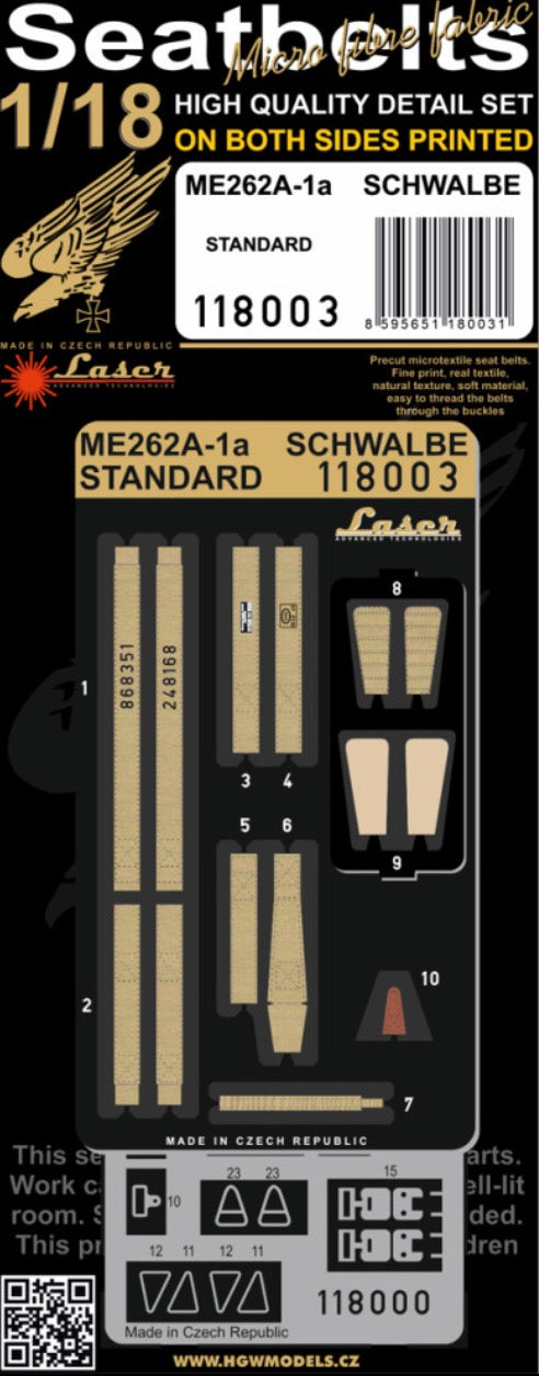 Messerschmitt Me-262A-1a seatbelts are made from real microfibre and in combination with included photo etched buckles they look highly realistic. (designed to be used with Hobby Boss kits)