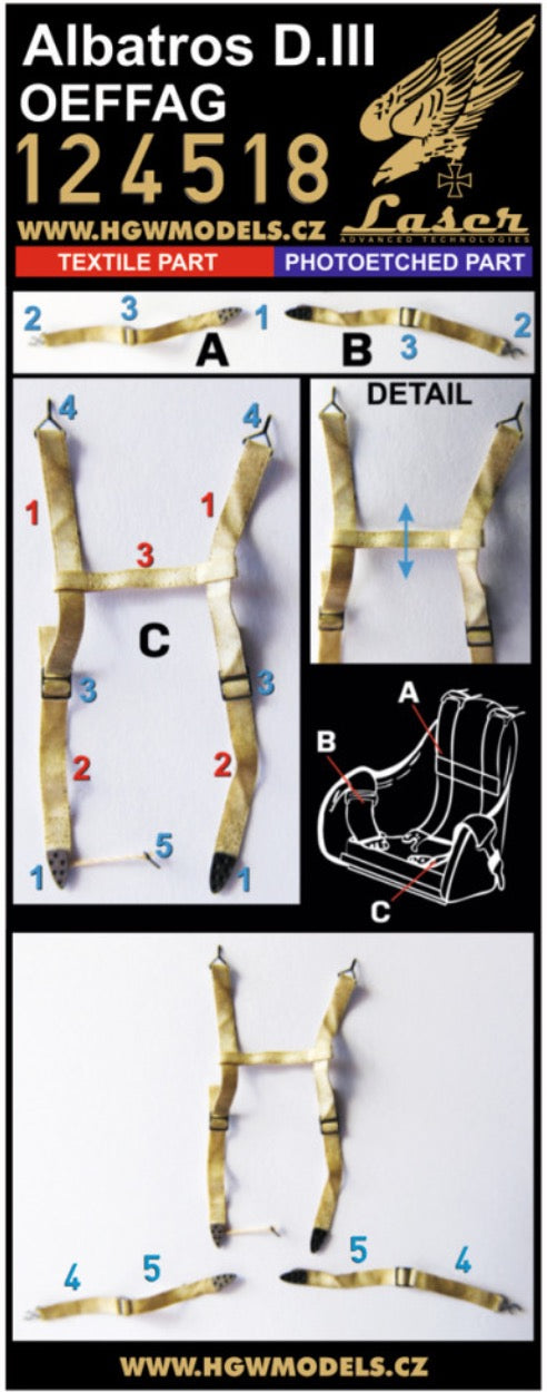 ALBATROS D.III OEFFAG - SEATBELTS Belts are made from real microfibre and in combination with included photo etched buckles they look highly realistic. This product is available in 1/24 scale and is designed for Lukgraph kit.