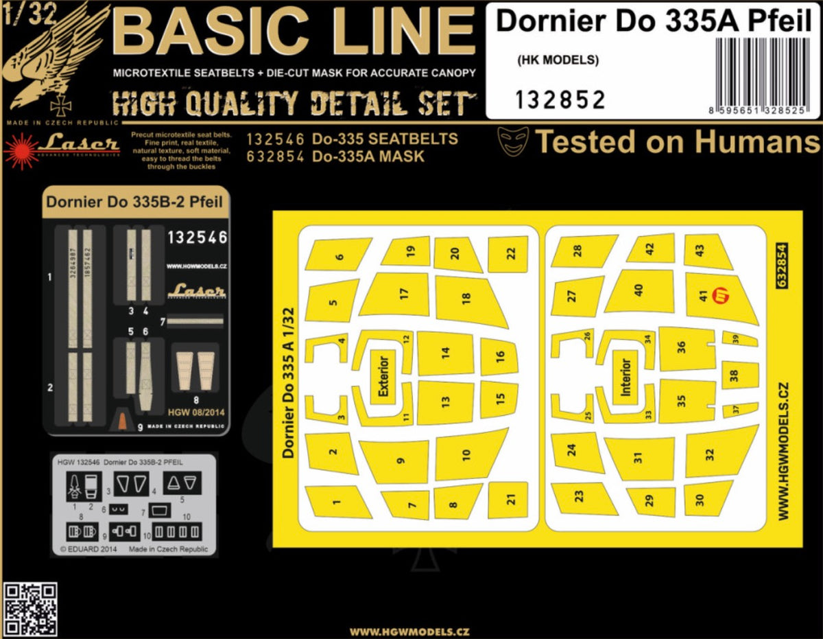 Dornier Do-335A PFEIL - BASIC LINE Basic Line contains:1x Seatbelts 1/32 - 1325461x Masks 1/32 - 632854(designed to be used with Hong Kong Models kits)