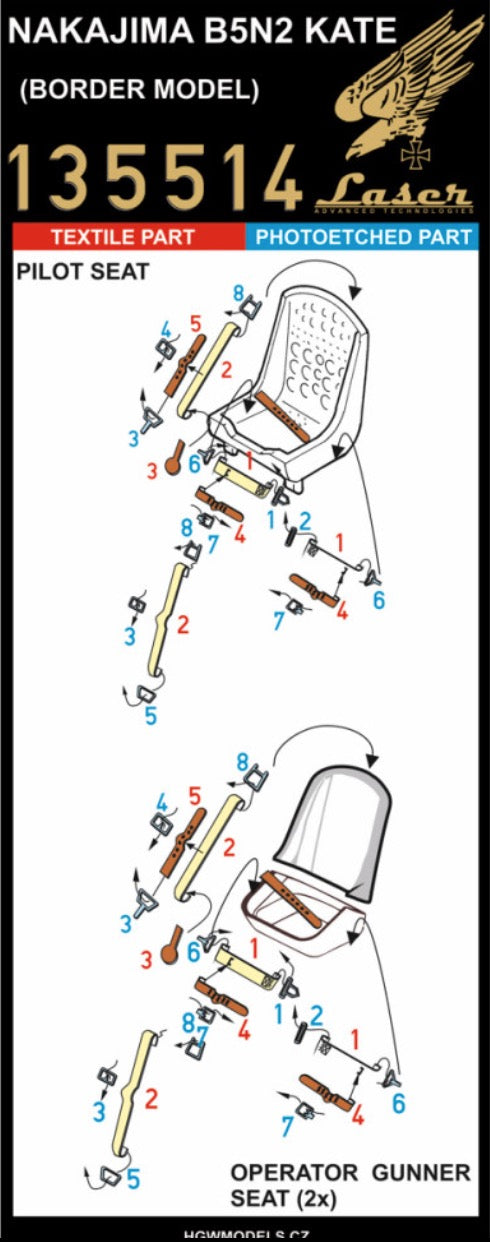 NAKAJIMA B5N-2 KATE - SEATBELTS Textile seatbelts designed for aircraft NAKAJIMA B5N-2 KATE(designed to be used with Border Model kits). Belts are made from real microfibre and in combination with included photo etched buckles they look highly realistic