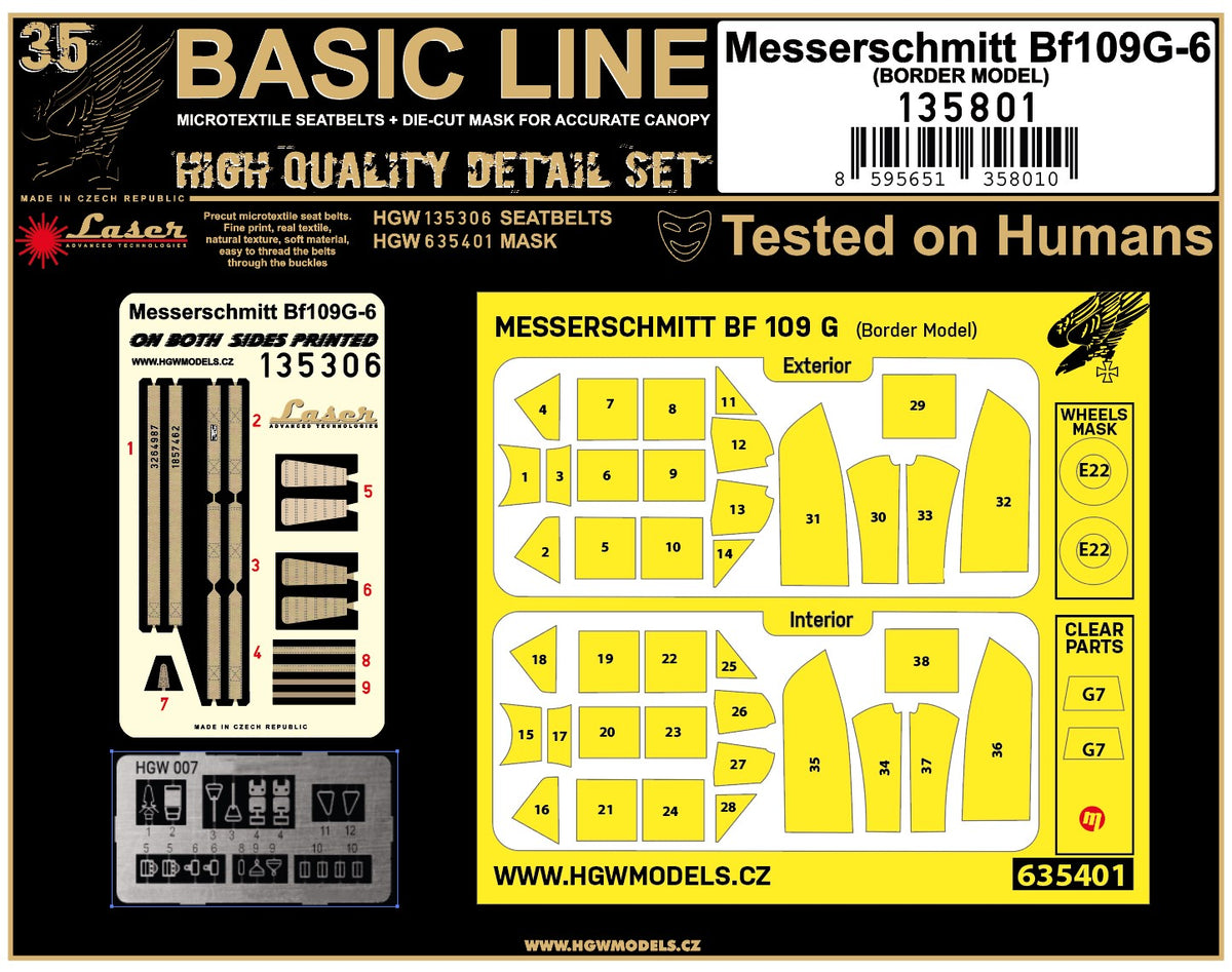 Messerschmitt Bf-109G-6 BASIC LINE: seatbelts + masks (designed to be used with Border Model kits)