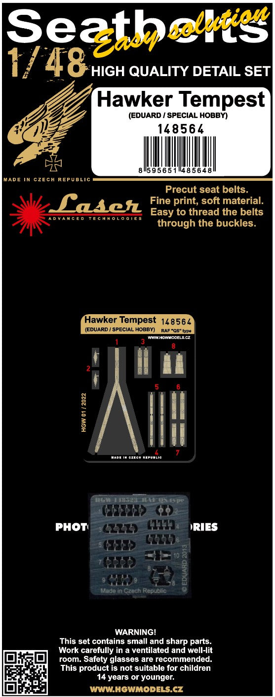 Hawker Tempest pre-cut Seatbelts (laser)(designed to be used with Eduard kits and Special Hobby kits)