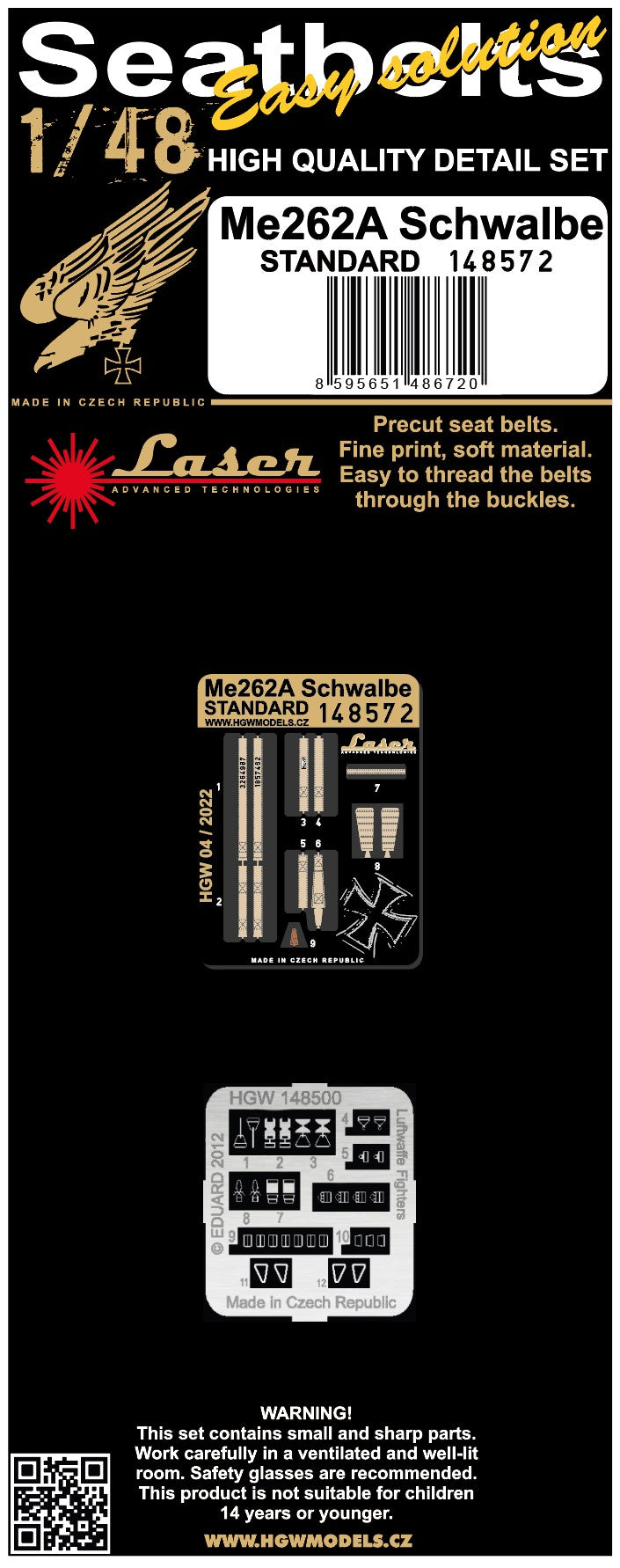 Messerschmitt Me-262A Schwalbe (Standard) pre-cut (laser) Seatbelts (designed to be used with Dragon, Hobby Boss and Trimaster kits)