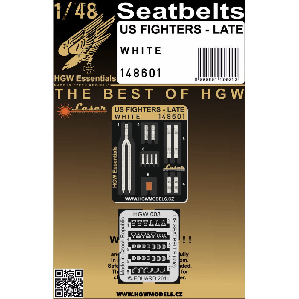 US FIGHTERS LATE (WHITE) - SEATBELTS Harnesses designed for US FIGHTERS LATE (White) in 1/48 scale. Belts are made from microfibre material and in combination with included photo etched buckles they provide highly realistic look.