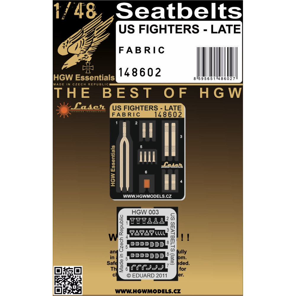 US FIGHTERS LATE (FABRIC) - SEATBELTS Harnesses designed for US FIGHTERS LATE (Fabric) in 1/48 scale. Belts are made from microfibre material and in combination with included photo etched buckles they provide highly realistic look.