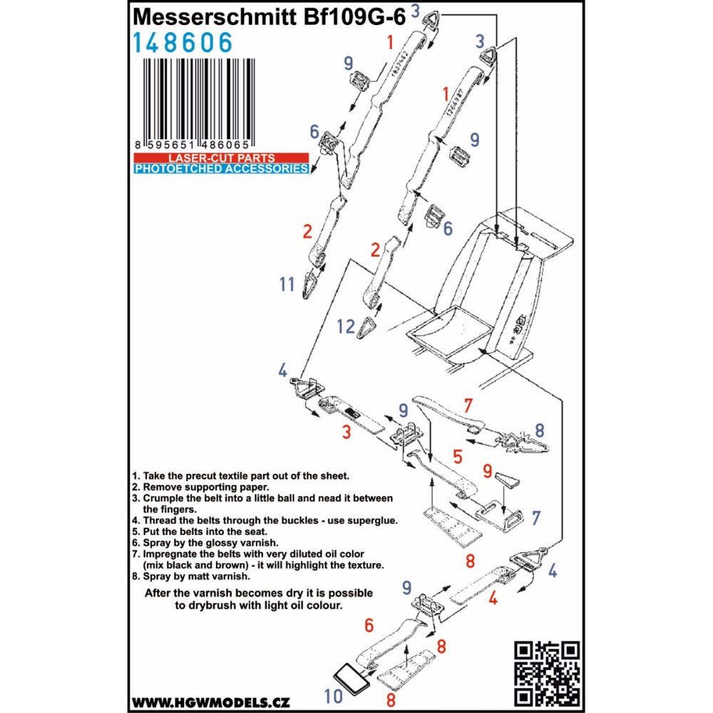 Messerschmitt BF-109G-6 - SEATBELTS Harnesses designed for Bf109G-6 in 1/48 scale. Belts are made from microfibre material and in combination with included photo etched buckles they provide highly realistic look.