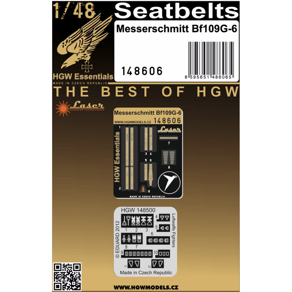 Messerschmitt BF-109G-6 - SEATBELTS Harnesses designed for Bf109G-6 in 1/48 scale. Belts are made from microfibre material and in combination with included photo etched buckles they provide highly realistic look.