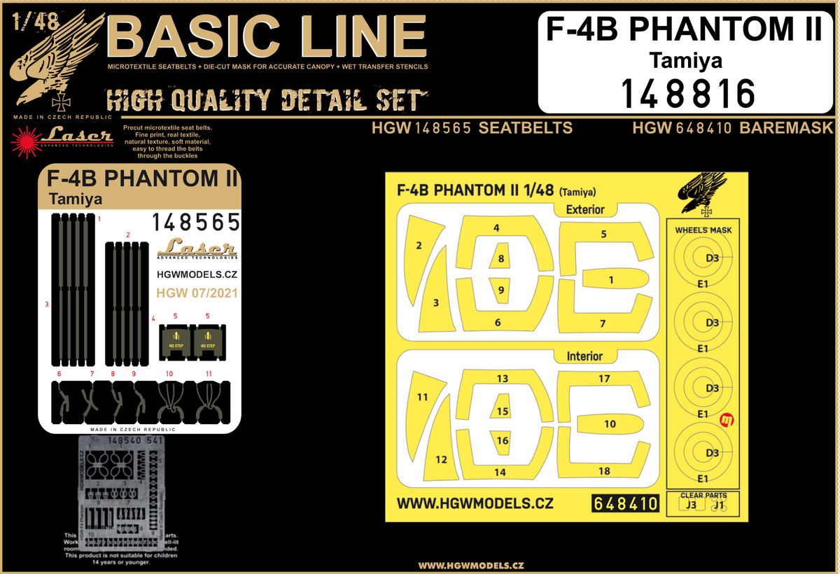McDonnell F-4B PHANTOM II BASIC LINE: seatbelts + wheels, canopy frame paint masks (inside and outside) (designed to be used with Tamiya kits)