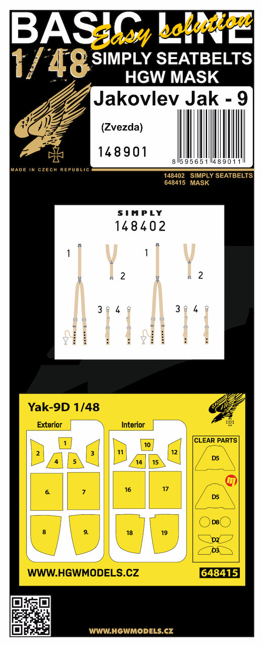 Yakovlev Yak-9 BASIC LINE: SIMPLY BELTS + canopy frame paint masks (inside and outside) (designed to be used with Zvezda kits)