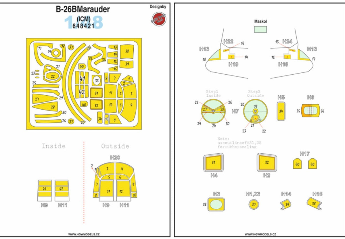 Martin B-26 MARAUDER - BASIC LINE 1/48 - Basic Line contains:1x Seatbelts 1/48 - 1484121x Masks 1/48 - 648421Recommended (designed to be used with ICM UA UK kits) kit