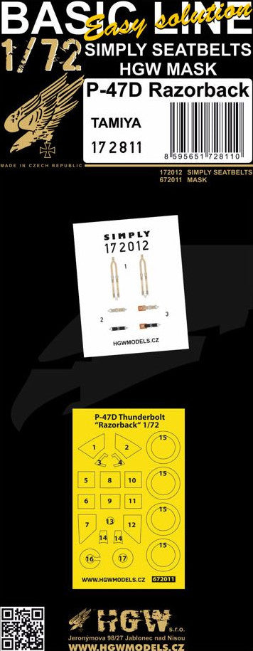Republic P-47D Thunderbolt RAZORBACK seatbelts and canopy/wheels paint mask (designed to be used with Tamiya kits) - BASIC LINE