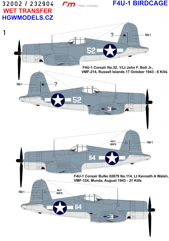 Vought F4U-1A Corsair Aces Birdcage (designed to be used with Tamiya kits) Wet Transfers
