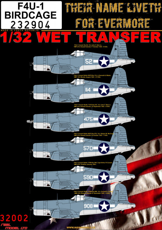 Vought F4U-1A Corsair Aces Birdcage (designed to be used with Tamiya kits) Wet Transfers