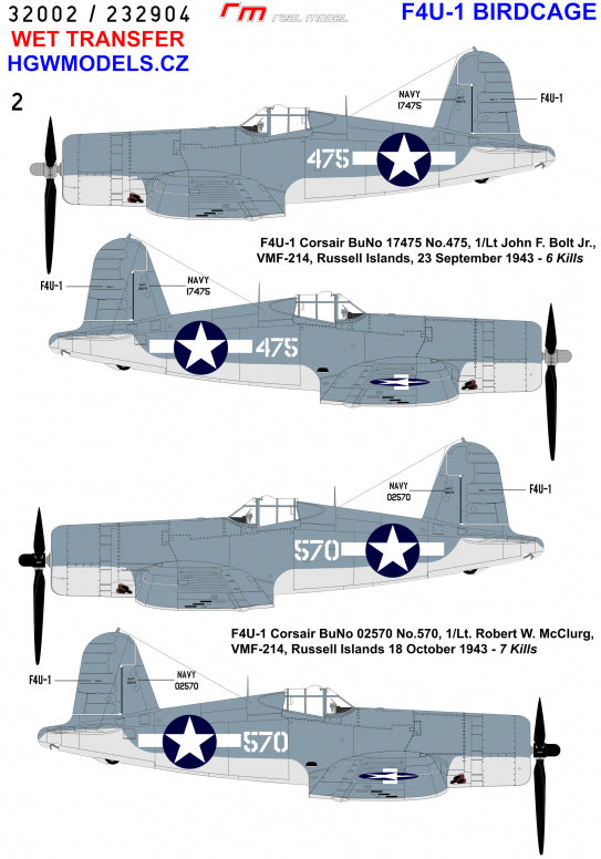 Vought F4U-1A Corsair Aces Birdcage (designed to be used with Tamiya kits) Wet Transfers