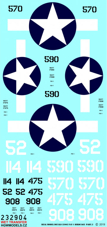 Vought F4U-1A Corsair Aces Birdcage (designed to be used with Tamiya kits) Wet Transfers
