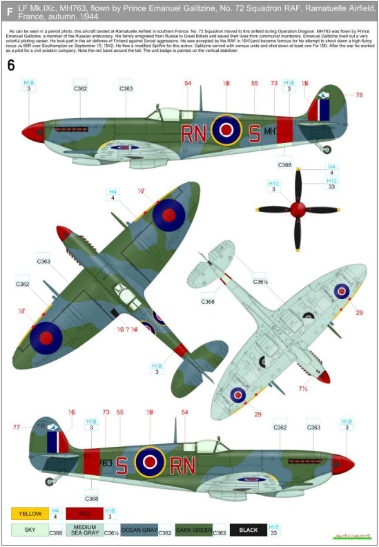 Supermarine Spitfire Mk.IXC/Mk.IXE - Markings + Stencils (designed to be used with Eduard kits) Wet Transfers Package contents:-14x Markings -3x Stencils