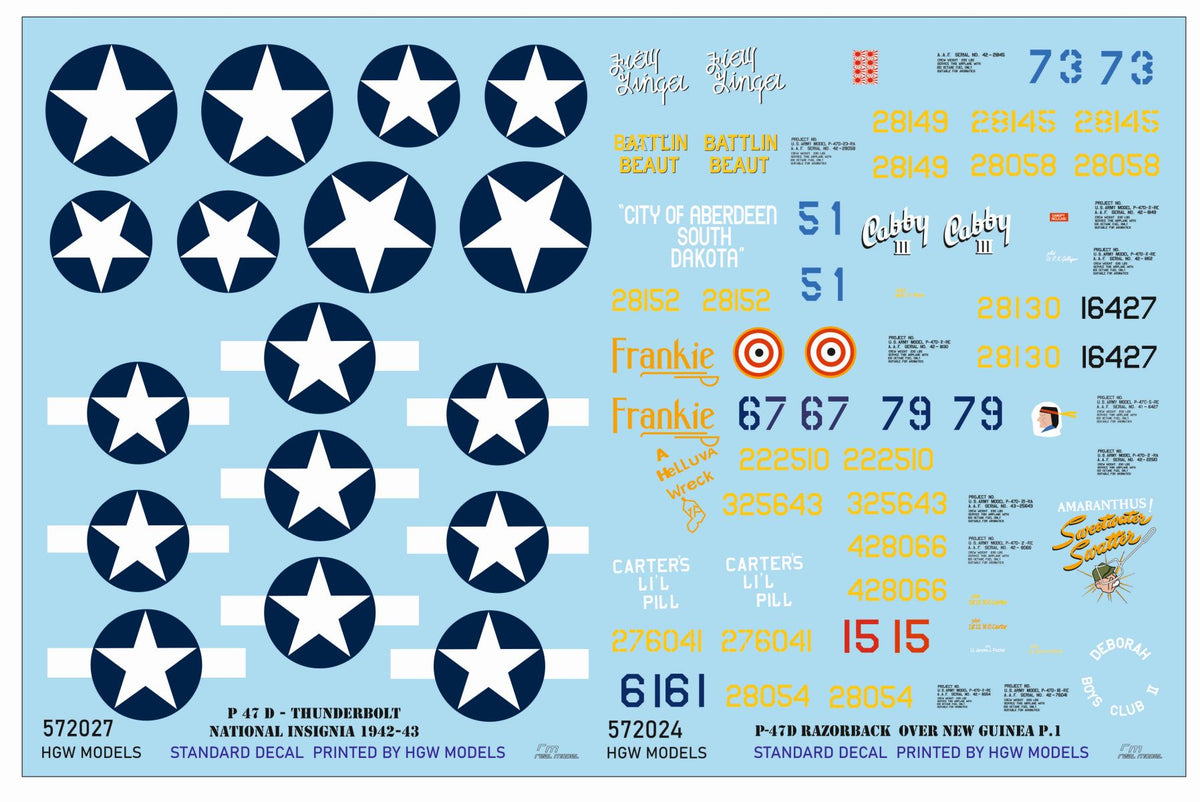 Republic P-47D Thunderbolt RAZORBACK OVER NEW GUINEA pt.1 STANDARD DECALS