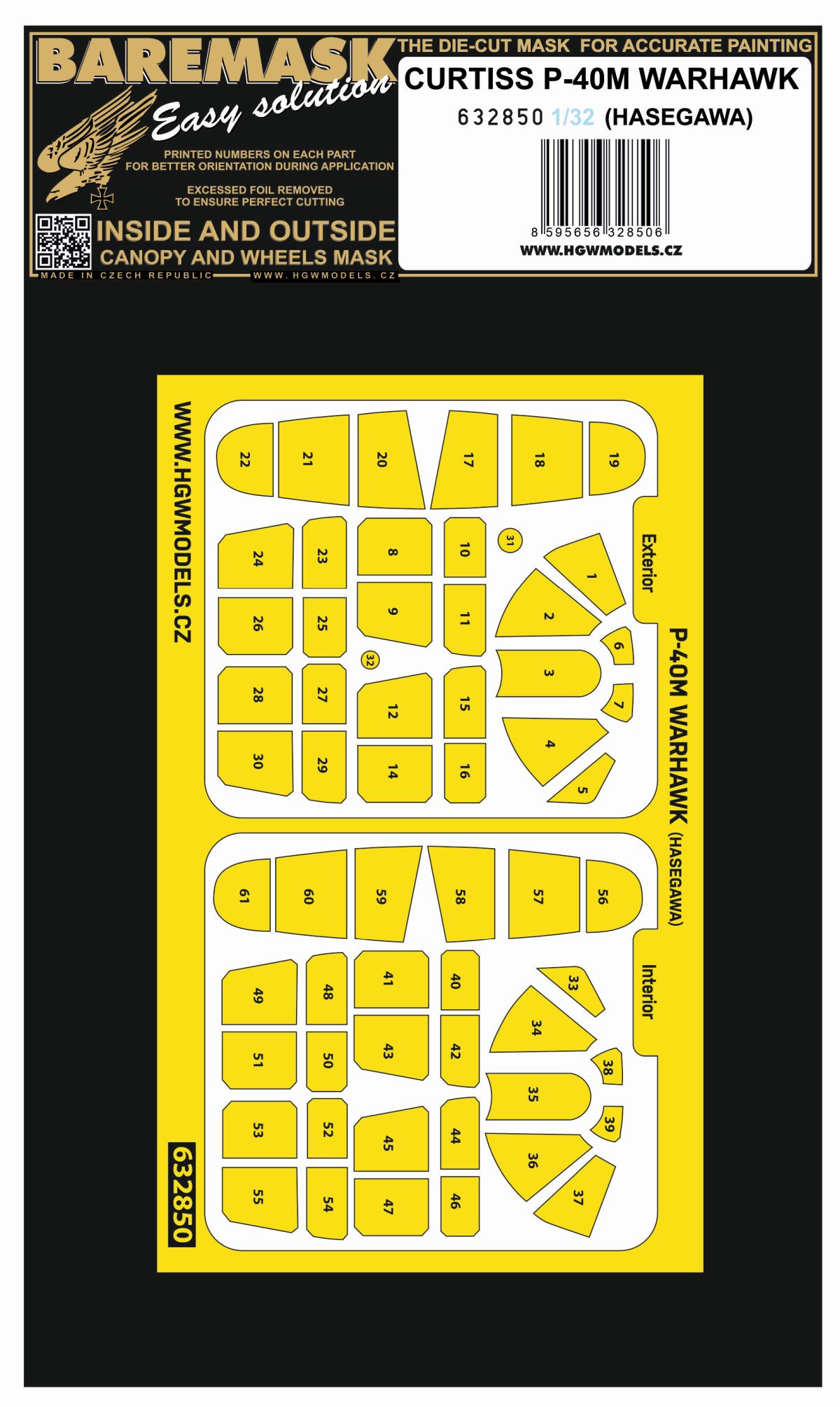 Curtiss P-40M Warhawk canopy frame paint masks (inside and outside) (designed to be used with Hasegawa kits)