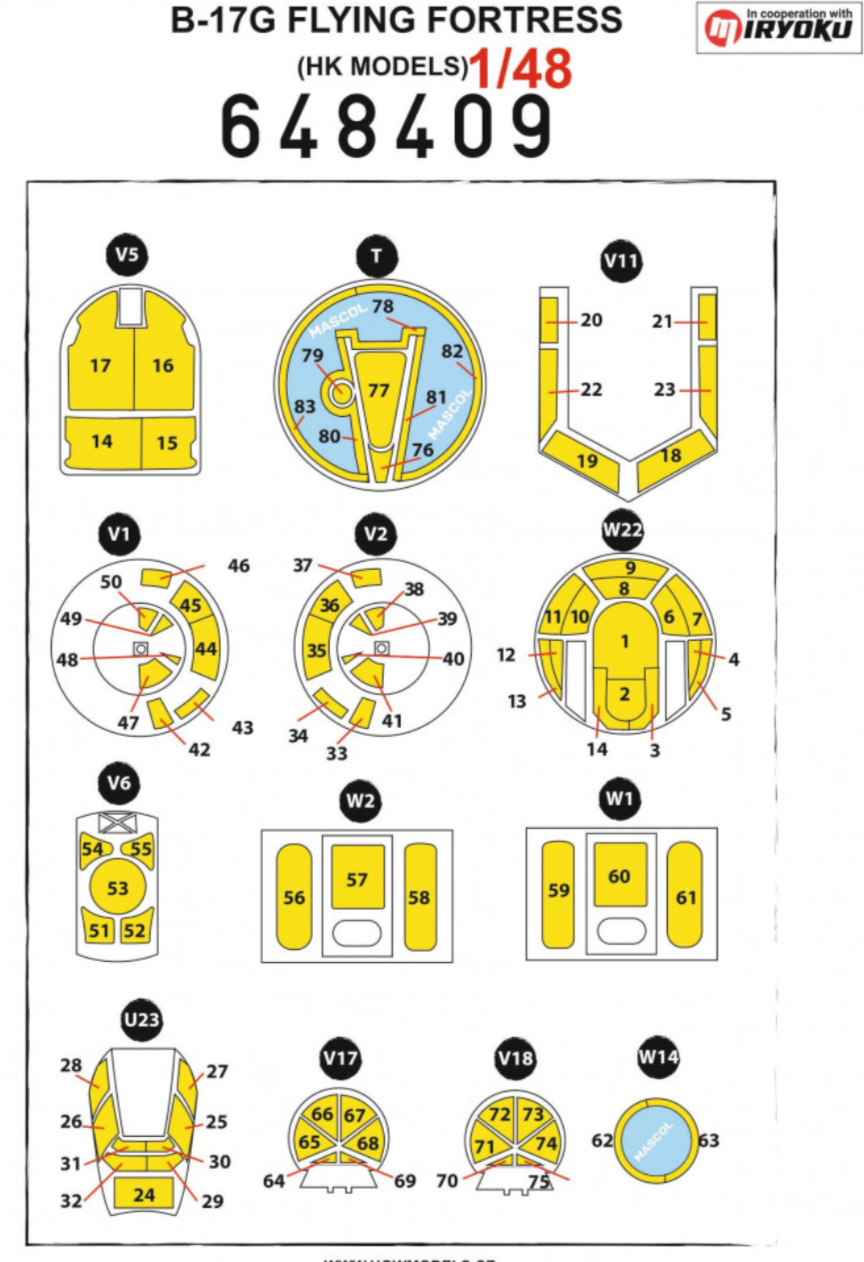 Boeing B-17G FLYING FORTRESS wheels and canopy frame paint mask (outside only) (designed to be used with Hong Kong Models kits)