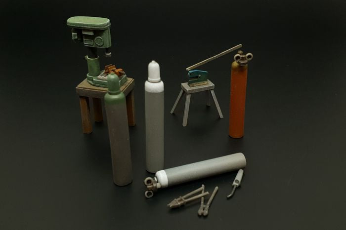 Bench drill-lever shears-oxy acetylene bottles resin set of workshop equipment