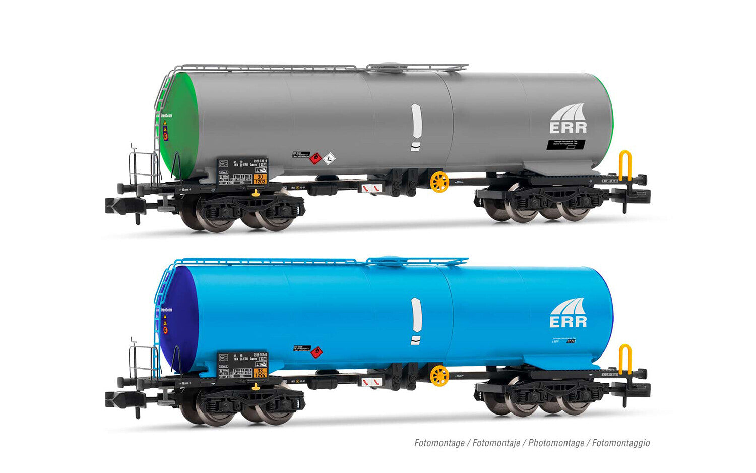 ERR 2-unit set 4-axle tank wagons 1x green grey 1 x light blue dark blue livery period VI
