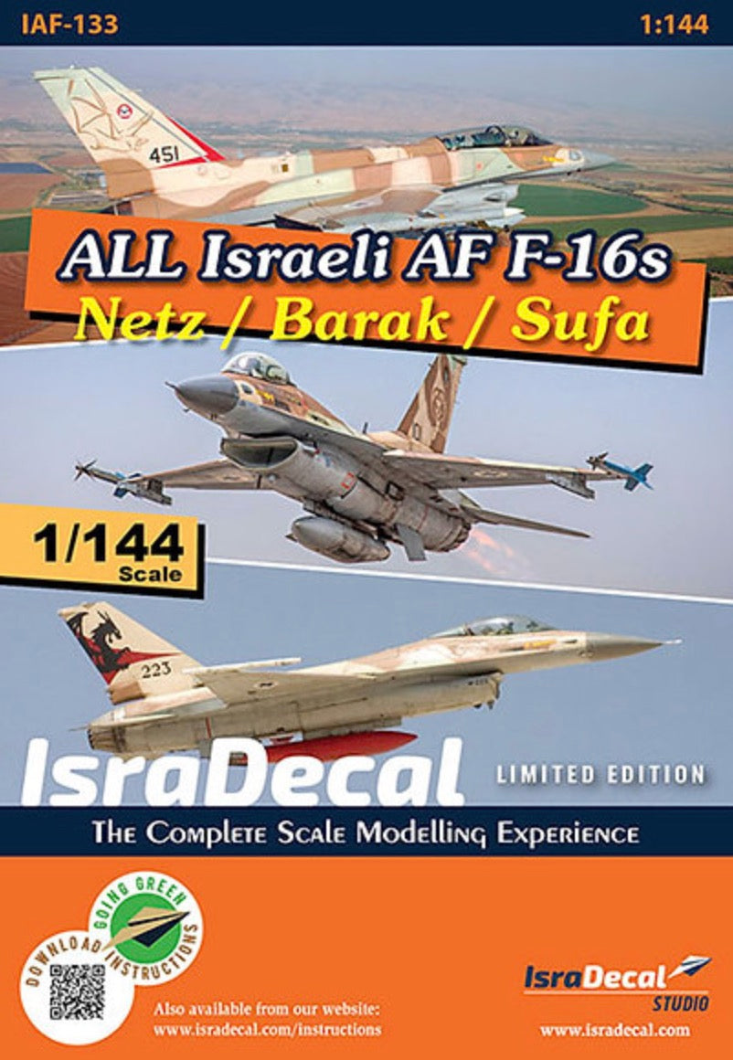 All IAF Lockheed-Martin F-16sMarkings for the 'Netz', 'Sufa' and 'Barak'. Instructions e-booklet available for download from www.isradecal.com/instructions