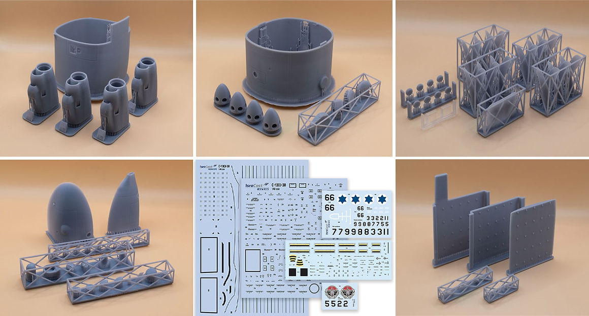 Lockheed C-130J-30 Hercules IAF 'Shimshon' Conversion Set (designed to be used with Italeri kits) Includes: 3D resin printed parts, decals and assembly instructions.