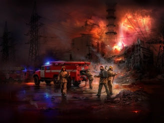 Chernobyl #2 Fire Fighters (AC-40-137A Fire Truck, 4 Figures & Diorama Base with Background)