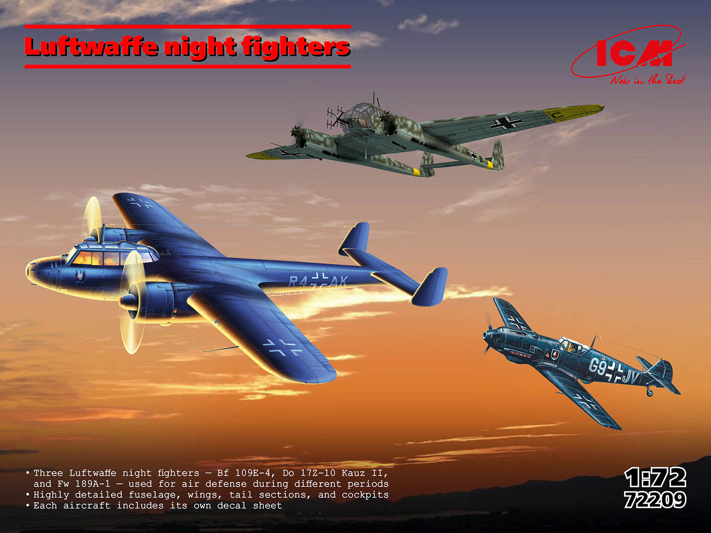 ICM Set Of 3 Luftwaffe Night Fighters (Bf 109E-4, Do 172-10 Kauz Ii, Fw 189A-1) ICM72209