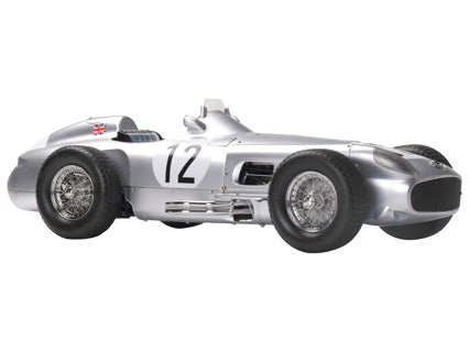 Mercedes-Benz W196 R model kit in silver color, detailed replica of the iconic 1954-1955 racing car #12.