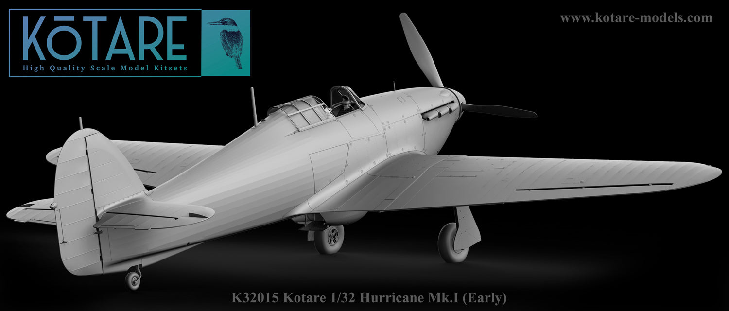 Model airplane of Hurricane Mk.I with Kotare Models branding on a dark background