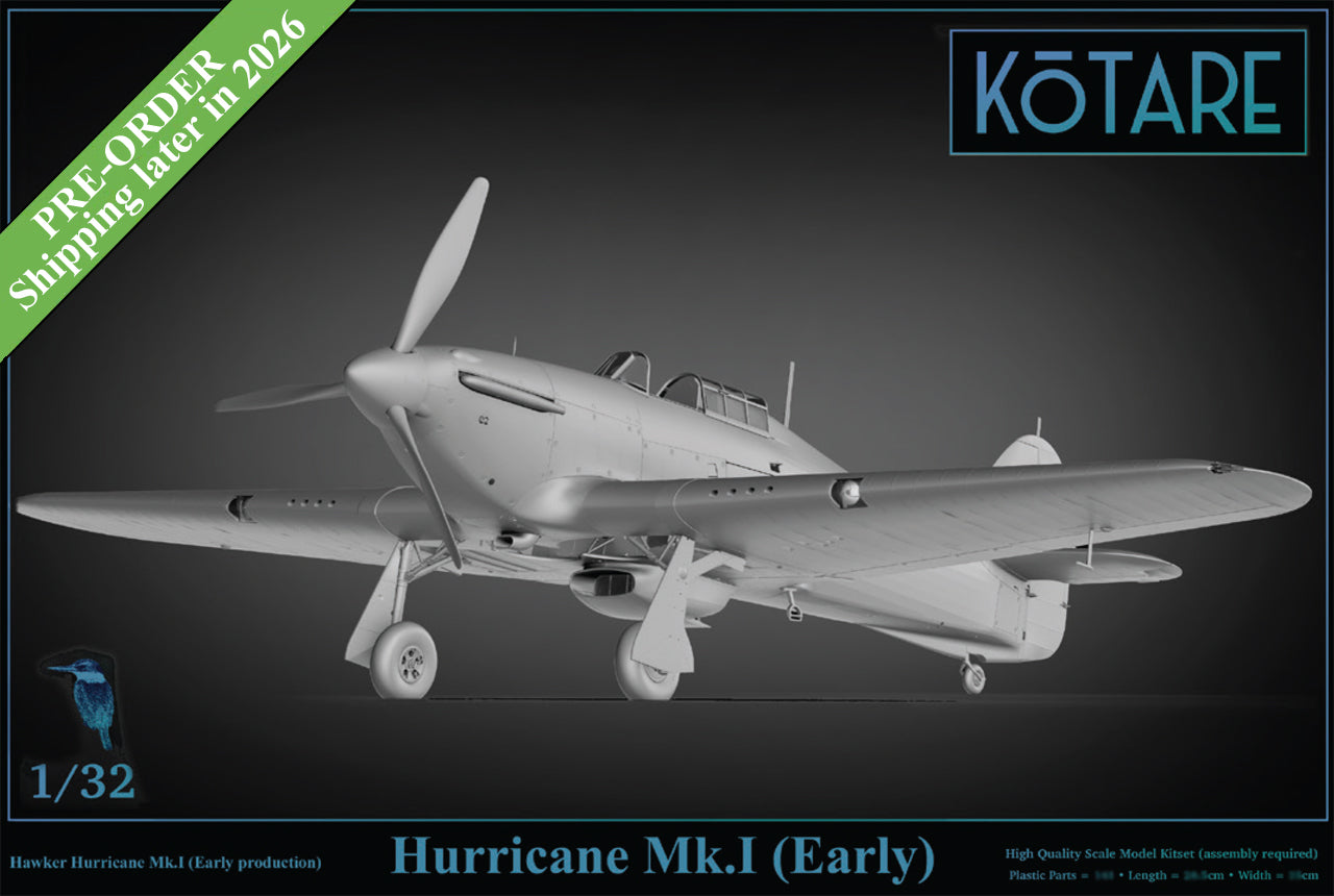 Model airplane of Hurricane Mk.I (Early) with Kotare branding on a dark background