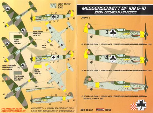 Messerschmitt Bf-109G-10 (ZNDH Croatian AF) (designed to be used with Hasegawa, Fujimi, Hobby Craft and Academy kits)