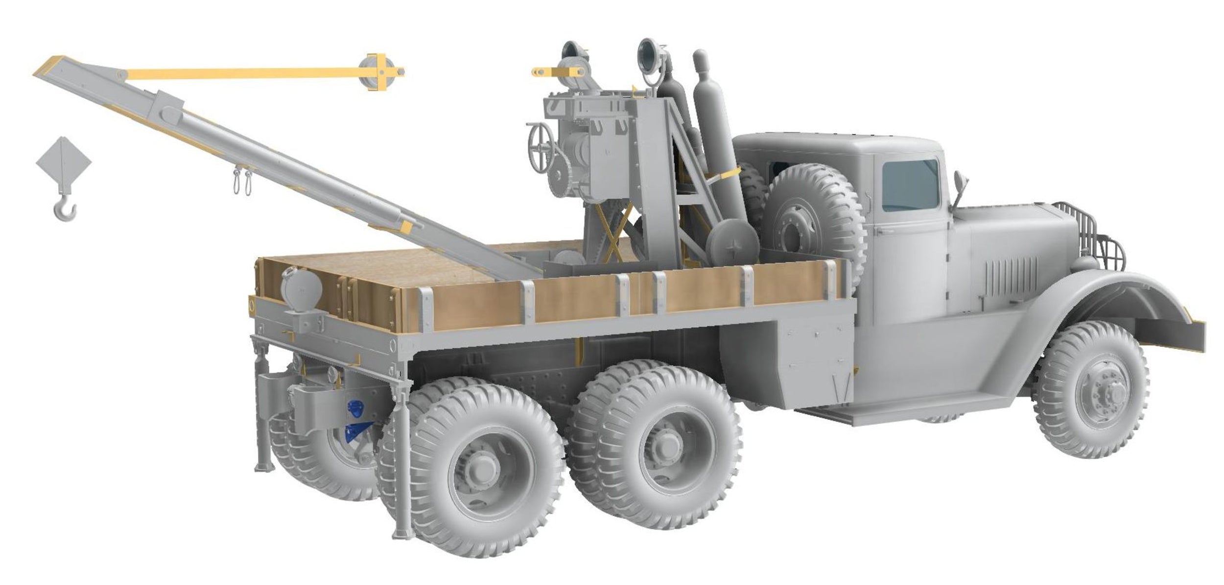 Model of a tow truck with a crane on a white background