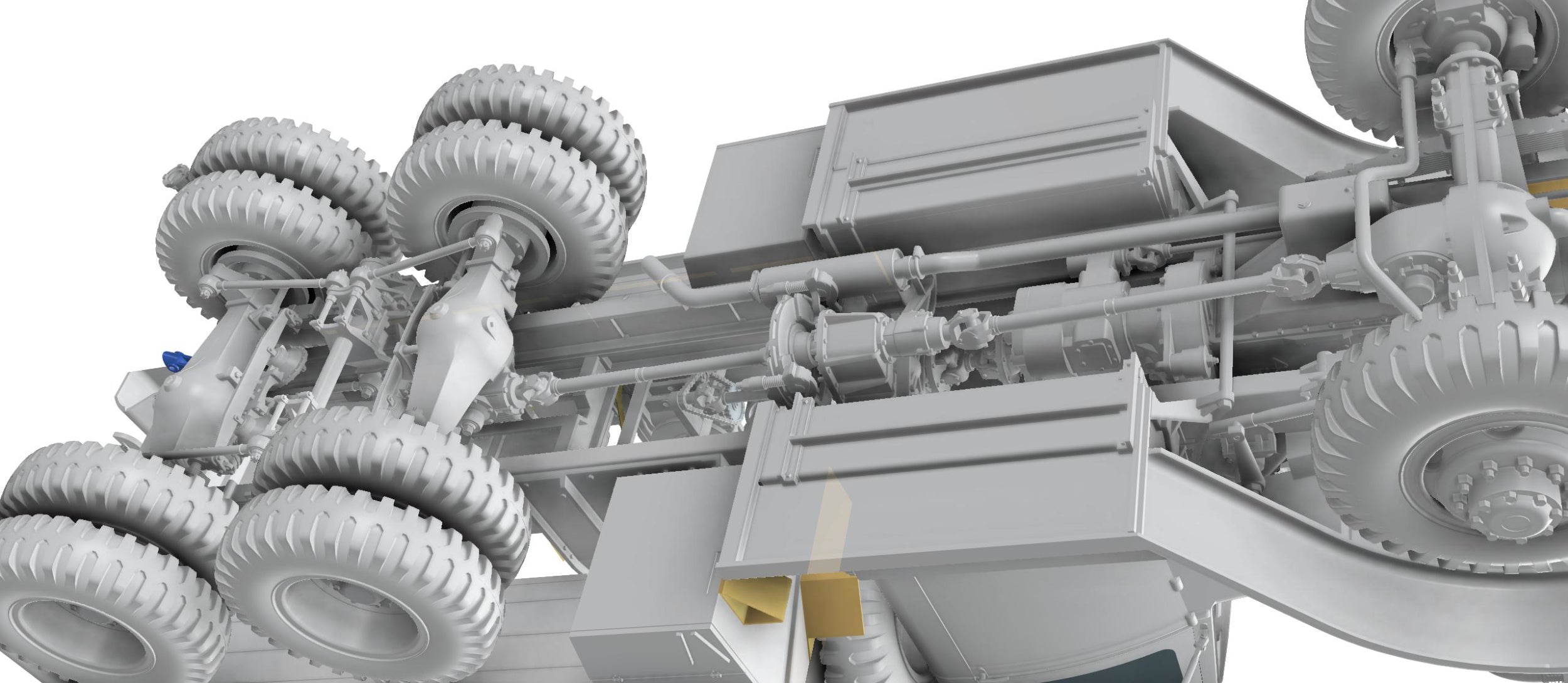 Close-up of a mechanical vehicle model with wheels and structural components.