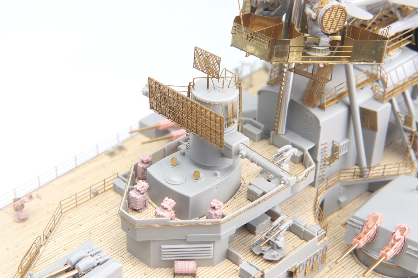 Detailed view of the DKM Scharnhorst model kit with brass photo-etched parts and realistic wood detailing.
