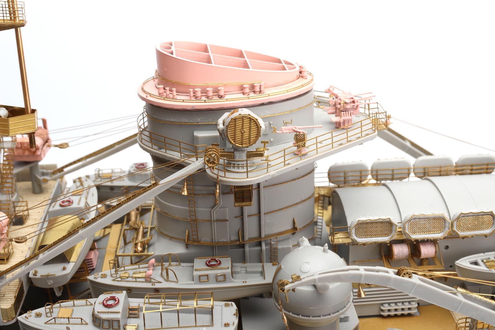 Detailed view of DKM Scharnhorst model kit, showcasing premium brass and wood components in 1/200 scale.