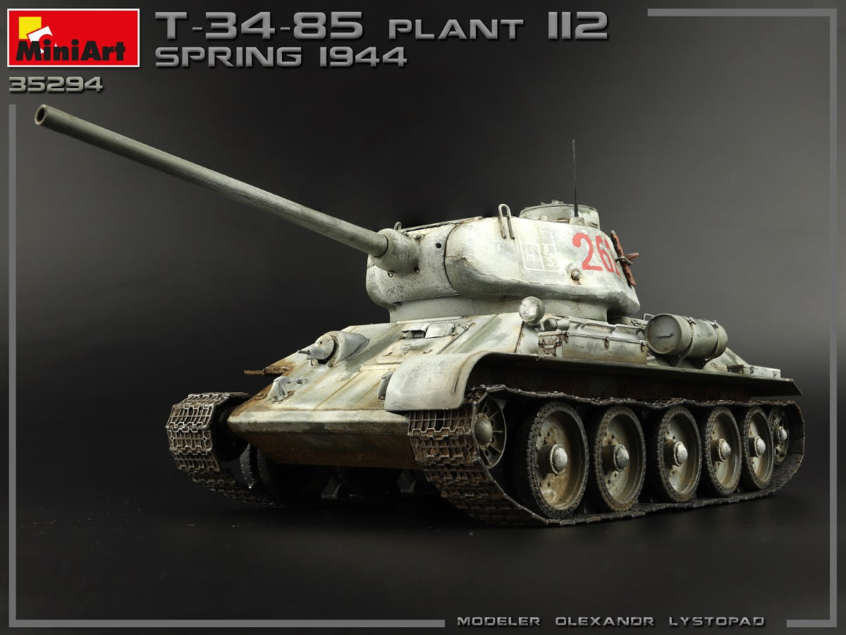 Soviet T-34/85 PLANT 112. SPRING 1944. INTERIOR KITUNASSEMBLED PLASTIC MODEL KITKIT CONTAINS MODEL OF MEDIUM TANKPE PARTS ARE INCLUDED6 DECAL OPTIONS