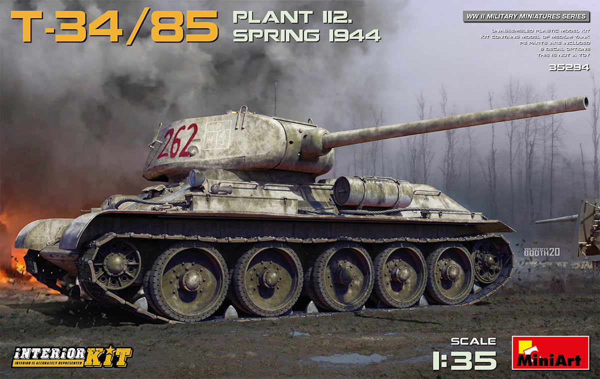 Soviet T-34/85 PLANT 112. SPRING 1944. INTERIOR KITUNASSEMBLED PLASTIC MODEL KITKIT CONTAINS MODEL OF MEDIUM TANKPE PARTS ARE INCLUDED6 DECAL OPTIONS