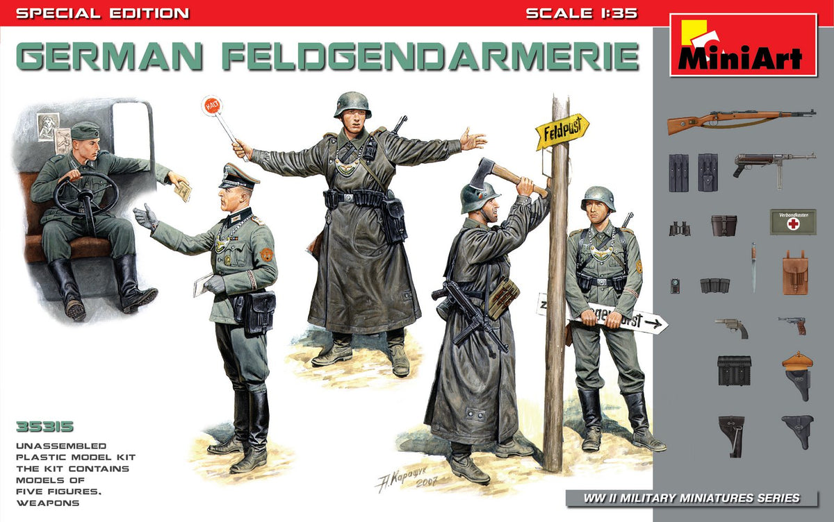 German Feldgendarmie. SPECIAL EDITION Kit contents 5 figurines of German Feldgendarmerie with weapon, equipment and road signs.