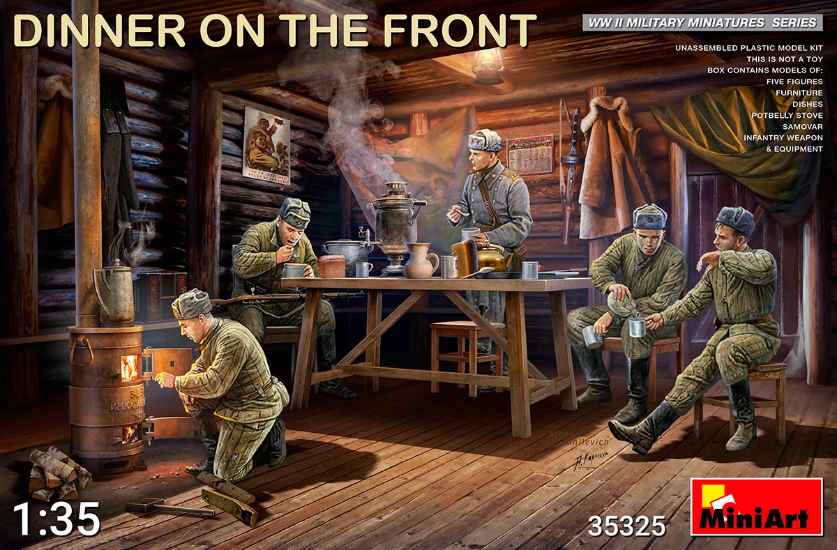DINNER ON THE FRONT Russian (WWII)Box contains models of unassembled plastic model kit:Five figuresFurnitureDishesPotbelly stoveSamovarInfantry weapon & equipment